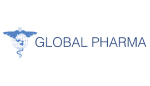 Logo perusahaan "GLOBAL PHARMA" menampilkan simbol kaduceus bergaya geometris di kiri, dengan teks kapital biru di kanan; latar putih memberikan tampilan minimalis dan profesional.