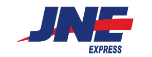 Logo perusahaan pengiriman JNE berhuruf tebal biru, dilintasi garis merah miring, dengan tulisan kecil "express" di sudut kanan bawah; latar belakang putih.